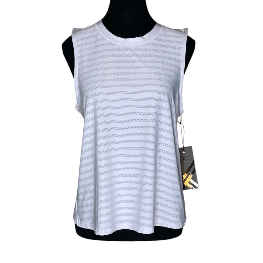 KYODAN New White Striped Sleeveless Tank Top Activewear Yoga Heart Hem Sz Medium - Picture 1 of 12